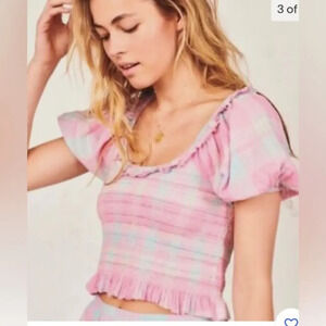 LoveShackFancy Molly Puff Sleeve Smocked Top Pink Plaid Size Small